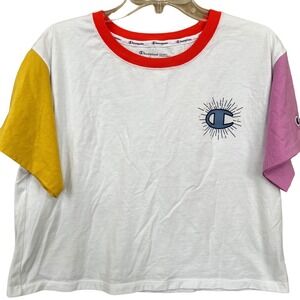 Champion Tshirt Womens Large White Orange Yellow Pink Crop 90s Active Athleisure